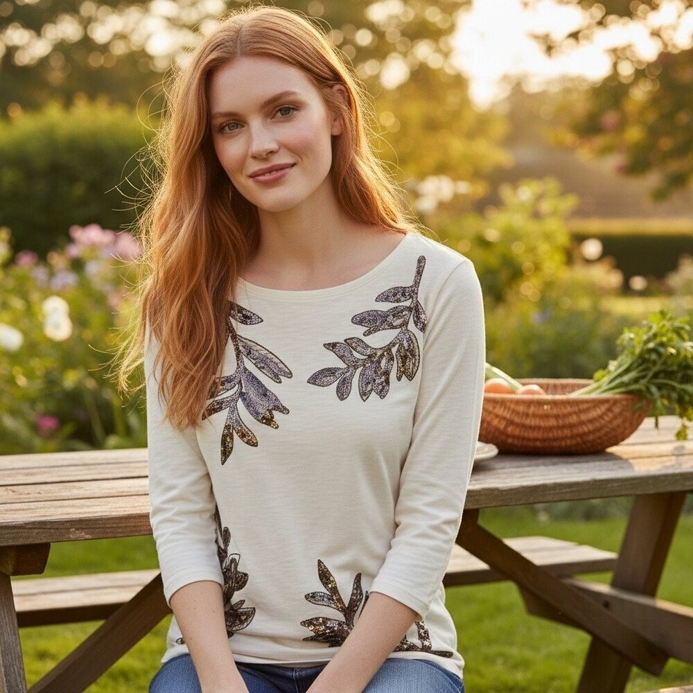 NWT Tommy Bahama Cream For Fronds Sequin Leaf Luxe Cotton Tee Top Size Medium